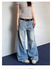 Cyflymder Women's Y2k 90s Vintage Crease Blue Wide Leg Jeans Street Cool Girl High Waist Pants Female Casual Straight Denim Trousers