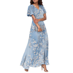 Cyflymder Women's Summer Casual Short Sleeve V-neck Elegant Maxi Dress Floral Printed Wedding Guest Chiffon Flowing Vacation Beach Dresses