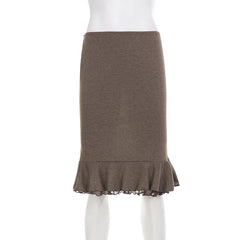 Cyflymder Women's Elegant Low-Waisted Ribbed Knit Midi Skirt with Ruffle Hem Bodycon Pencil Skirt Perfect for Office And Streetwear Autumn