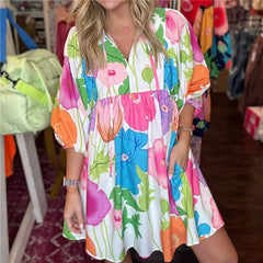 Cyflymder Boho Summer Floral Sundresses Y2k T-Shirt Mini Dresses for Women Casual Flowy Puff Sleeve Beach Short Babydoll Dress