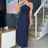 Cyflymder Women Elegant Backless Split Lace Up Long Dress Casual Contrast Color Halter Party Dress Sexy Off Shoulder Sleeveless Slim Robes