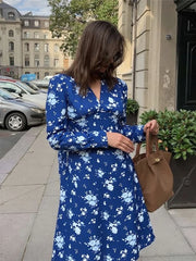 Cyflymder Street Floral Print Maxi Dress Women v-Neck Ribbon Long Sleeve Folds Elegant Daily Autumn Trend Chic Prom Party Vestidos