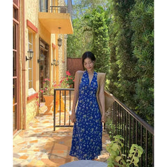 Cyflymder Vintage Floral Midi Dress Women Boho Vacation Beach Sexy Backless Bandage Dresses Summer Elegant Korean V Neck Bodycon Vestidos