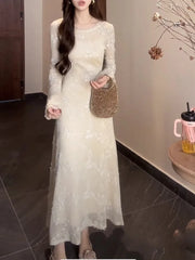 Cyflymder French Elegant Solid Lace Midi Dress Suit for Women Flare Sleeve A-Line Long Dresses Autumn Fashion Vestidos Female Clothing New