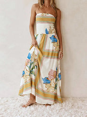 Cyflymder Printed Chic Strapless Floor Dress Women Backless Slim Elastic High Waist Pleated Vacation Dresses 2025 Summer Party Lady Robe