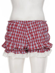 Cyflymder Sweet Plaid Lace Trim Low-Waisted Shorts Slim Patchwork Low-Waisted Shirts Women Summer Fashion Streetwear Ladies