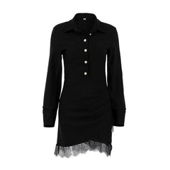 Cyflymder Spring Commuter Lapel Hip Wrap Skirt Women's Black Slim-Fit Waist Lace Long Sleeve Dress Women's Clothing