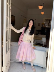 Cyflymder Flower Embroidered Cotton Striped Skirt Women's New Summer Lace Patchwork Pleated Umbrella Skirt