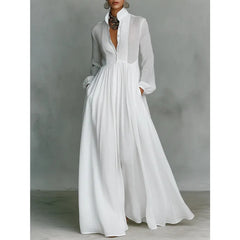 Cyflymder Elegant Solid White Long Dress for Women's Single Breasted Pockets Behemian Vintage Stand Collar Spring Evening Dresses 2026