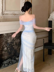 Cyflymder Women Dresses Off Shoulder Sexy Mesh Patchwork Split Backless Temperament Elegant Dress Party Ladies Fashion Cocktail