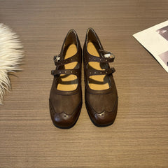 Cyflymder Vintage Square Toe Double Strap Mary Jane Shoes For Women Versatile Inner Height Increasing Leather Dress Footwear