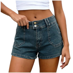 Cyflymder Women's High Waist Denim Shorts Double Button Vintage Blue Jean Shorts With Pockets Slim Fit Casual Hot Pants Summer Streetwear