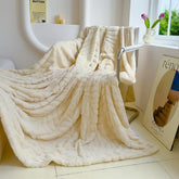 Cyflymder Solid Banana Leaf Jacquard plush blankets Double Layered Thick Faux Rabbit Fur Bedspread Multi-Functional Office Nap Blanket