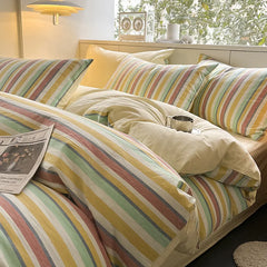 Cyflymder Striped Gird Pure Cotton Bedding Set Skin-Friendly Non Fading Bed Linens for Home Dorm Single Double Quilt Sets for Four Seasons