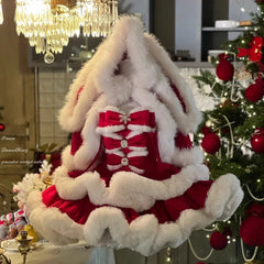 Cyflymder Red Autumn Winter Christmas Lolita 2 Piece Sets Women Sweet Plush Bunny Ear Hooded Cloak Coat Bow Mini Dresses New Year Y2k Suit