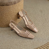 Cyflymder Women's Soft Leather French Toe Open Sandals Summer Versatile Woven Back Hollow High-heeled Shoes