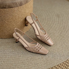 Cyflymder Women's Soft Leather French Toe Open Sandals Summer Versatile Woven Back Hollow High-heeled Shoes
