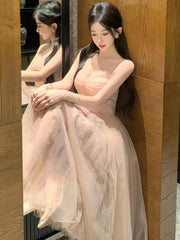 Cyflymder Summer French Vintage Sweet Pink Mesh Sexy Pleated Slip Long Dresses Women Elegant High Waist Backless Evening Party Dress Trend