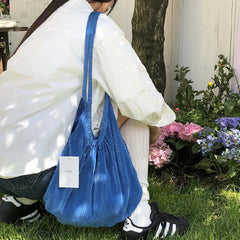 Cyflymder Large Capacity Pleated Tote Shopping Handbag Ruched Design Reusable Work Shoulder Bag Portable Women Summer Beach Purse