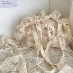 Cyflymder Fashion Girls Sweet Flower Print Handbags Y2k Aesthetic Chic Ruffled Pleated Shoulder Bags Japanese Ins Women Fairy Underarm Bag