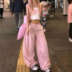 Cyflymder Pink Star Graphic Print Women Sweatpants Drawstring Wide Leg American Retro Baggy Jogging Pants Y2K Harajuku Gyaru