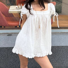 Cyflymder Vintage Puff Sleeve Maternity Dress Women Square Neck A-line Mini Ruffled Dresses Fairy Loose Fit Flowy Short Dress