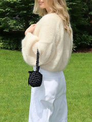 Cyflymder Women s Cozy Knit Sweater Long Puff Sleeve Open Front Solid Color Cardigan Winter Jacket with Faux Fur Trim