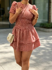 Cyflymder Sweet Style Gingham Check Mini Dress For Women Round Neck Short Puff Sleeve Double Ruffle Hem Skirt Lady's Vacation Dating Frock