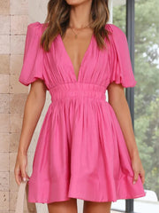 Cyflymder Women Summer Casual A-line Dress Solid Color Deep V-Neck Short Puff Sleeve Mini Dress Fashion Party Short Dress