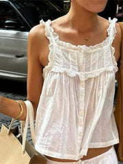 Cyflymder Women s Sleeveless Lace Patchwork Tank Top with Button Detail and Casual Aesthetic Streetwear Style for Summer Wear