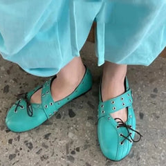 Cyflymder Fashionable Women's Ballerina Flat Footwear Spring Summer New Casual Lace-Up Round Toe Comfortable Woman Shoes Ladies Loafers