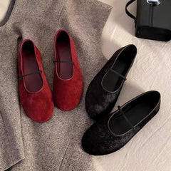 Cyflymder Horsehair Mary Jane Flats for Women Round Toe Elastic Strap Ballet Flats Luxury Genuine Leather Casual Shoes Red/Black Daily
