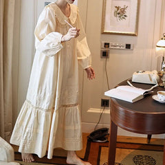 Cyflymder Women 100% Cotton Full Sleeves Nightdress Vintage Apricot Long Ankle-Length Nightgowns Loose Design Embroidery Homewear Nightie