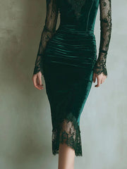 Cyflymder Elegant Velvet Lace Trim Evening Cocktail Dress For Women Vintage Sexy Sheer Long Sleeve V-Neck Mesh Party Bodycon Mini Dresses