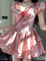 Cyflymder Casual Print Sexy Dress Women Slim Fashion Square Collar Sweet Mini Dress Fashion Lace Up Puffy Sleeve Korean Vestidos New