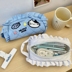 Cyflymder Korean Fashion Ruffle Pencil Case for Kids Girl Sweet Cartoon Bunny Kitten Stationery Organizer Kawaii Pen Pouch Back To School