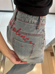 Cyflymder Y2K Light Blue Embroidered Wide Leg Jeans High Waisted Loose Curved Knife Pants for Women Spring Summer