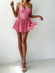 Cyflymder Women's Sexy Camisole Floral Chiffon Backless Dress For Summer Featuring Elastic Ruched Back For Easy Wear Suitable For Beach