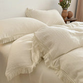 Cyflymder Vintage French Wrinkled Yarn Tassel Edge Bedding Set 100% Cotton Double Layer Yarn Duvet Cover Bed Sheet/Fitted Sheet Pillowcase