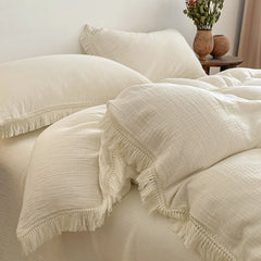 Cyflymder Vintage French Wrinkled Yarn Tassel Edge Bedding Set 100% Cotton Double Layer Yarn Duvet Cover Bed Sheet/Fitted Sheet Pillowcase