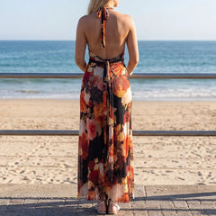 Cyflymder Halter Maxi Dresses Women Floral Backless Beach Vacation Long Dresses Bodycon Y2k Summer Boho Sexy Sundresses