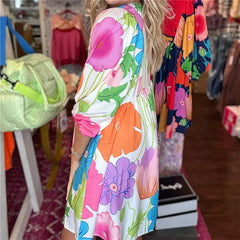 Cyflymder Boho Summer Floral Sundresses Y2k T-Shirt Mini Dresses for Women Casual Flowy Puff Sleeve Beach Short Babydoll Dress