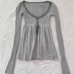 Cyflymder Women Y2K Fairy Grunge Sweater Aesthetic Button Up Babydoll Knitted Milkmaid Pullovers Tops Autumn Cottage Tunic Knitwear