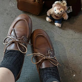 Cyflymder Women's Loafers Autumn and Winter New Bow Shallow Mouth Sailing Shoes Women's Casual Retro Brown Lace-up Loafers Flat Shoes