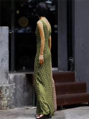 Cyflymder Vintage Polka Dot Satin V-neck Sleeveless Dress Lace Up Waist Cinching Slimming Women's Long Dresses Elegant Party Summer Robe