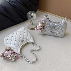 Cyflymder Vintage White Y2k Underarm Bagwomen 2025 New Trendy Beading Chain Leather Shoulder Bags Female Retro Casual Crossbody Bags New