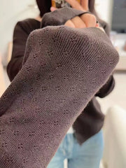 Cyflymder Brown Eyelet Knitted Cardigan Women Autumn New Casual Cotton Long Sleeve Sweater Coat Female Vintage Simple Basic Sweaters Tops