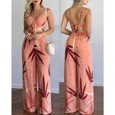 Cyflymder Summer Women Tropical Print Spaghetti Strap Casual Lace up Back Top &High Waist Pants Set 2 Pieces Suit Sets Woman Clothing