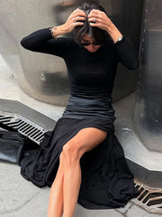 Cyflymder PU Leather Patchwork Side Split Skirt Women Slim High Waist Pleated Fashion Party Skirts 2025 Summer Autumn Straight Street