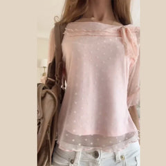 Cyflymder Elegant Pink Dotted Mesh Blouse Women Off Shoulder Ruffle Hem Long Sleeve Casual Cute Top Chic Lady Date Night Vacation Tops
